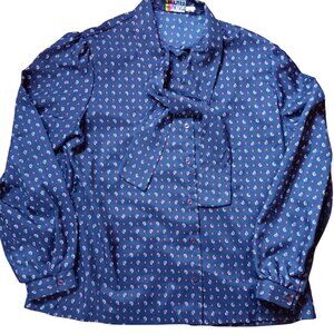 True Vintage Women's Secretary Blouse Medium RUSS Navy Paisley Print Neck Tie